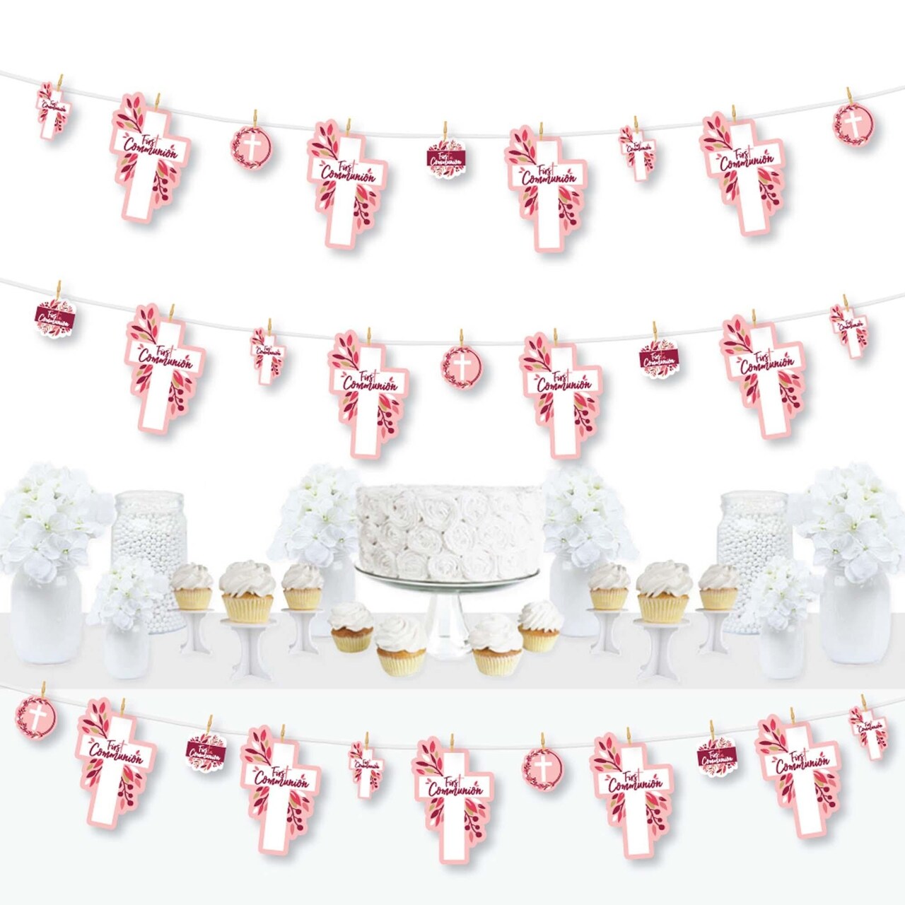 Big Dot of Happiness First Communion Pink Elegant Cross - Girl Religious Party DIY Decorations - Clothespin Garland Banner - 44 Pieces